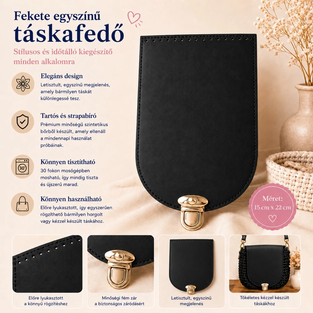 Elegáns fekete szintetikus bőr táskafedő ezüst csattal (22x15 cm)