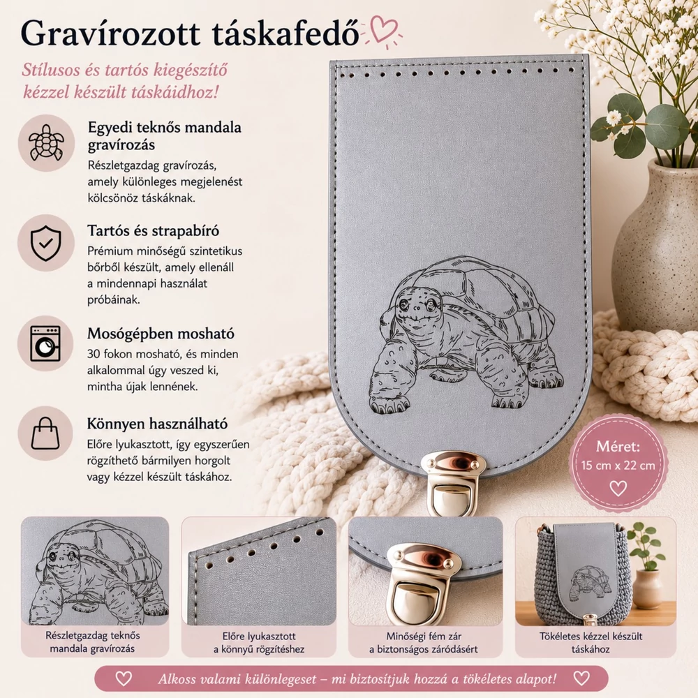 Gravírozott táskafedő Ezüst - Teknős mandala - 15 x 25