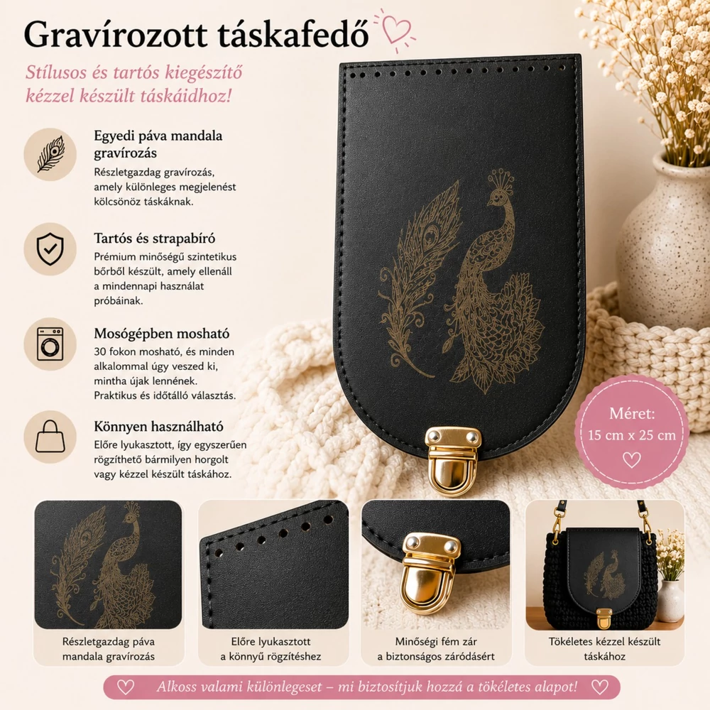 Gravírozott táskafedő Fekete - Páva mandala - 15 x 22