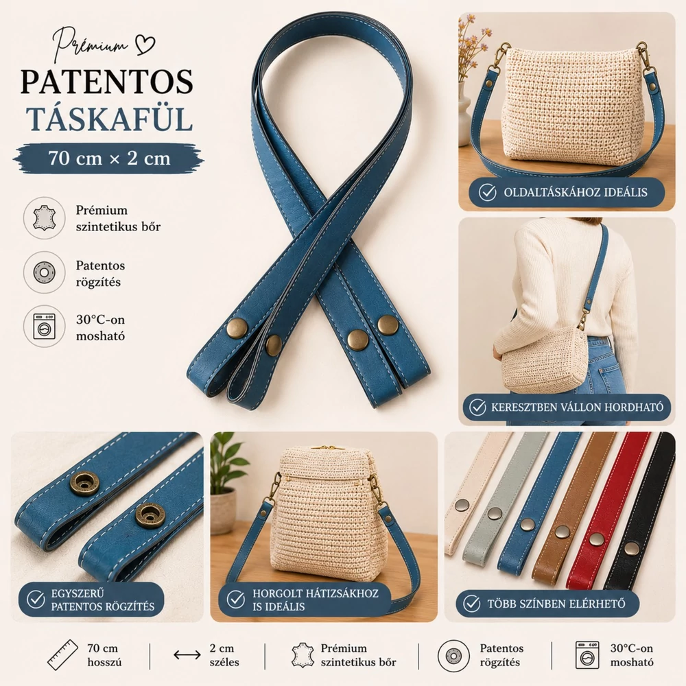 70 cm hosszú, türkizkék színű patentos táskafül
