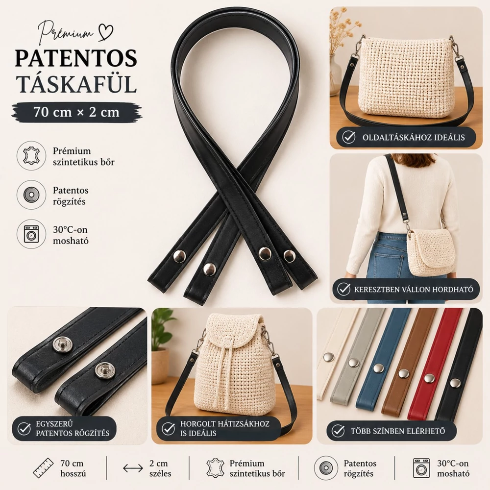 70 cm hosszú, fekete patentos táskafül