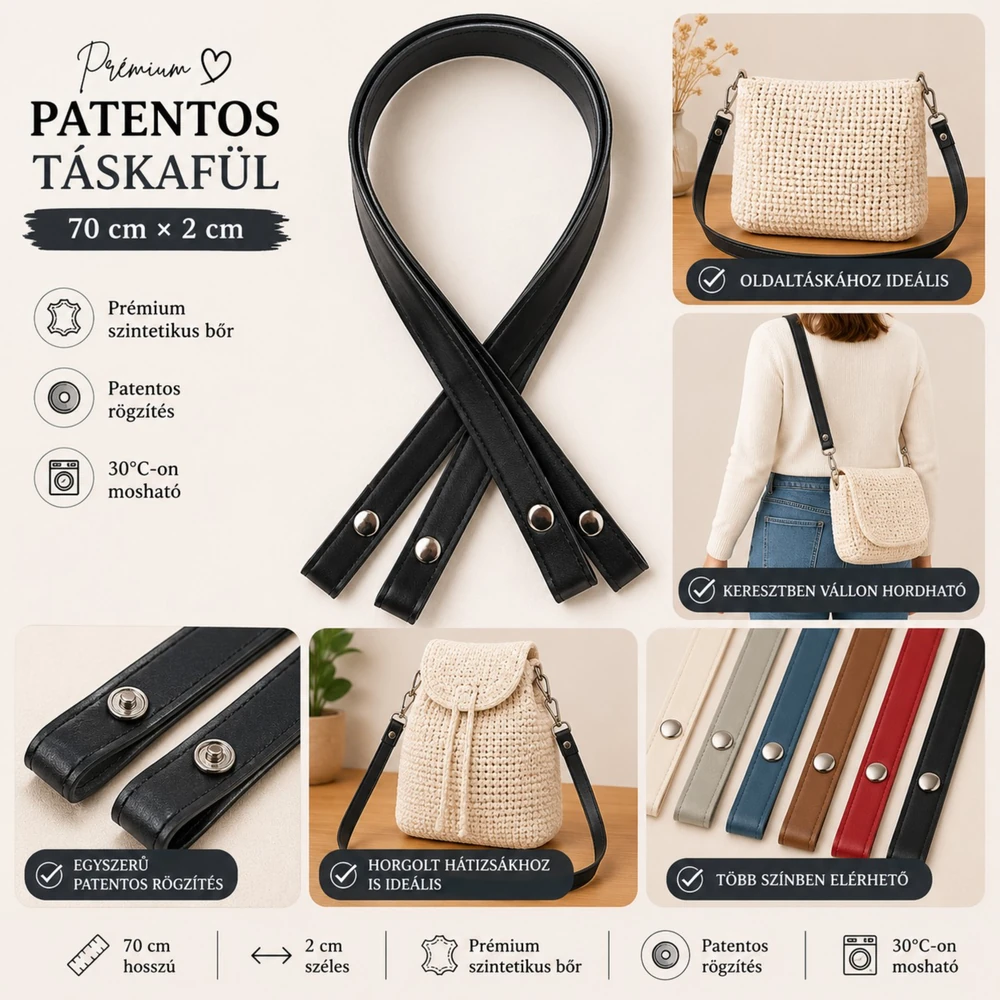 70 cm hosszú, fekete patentos táskafül