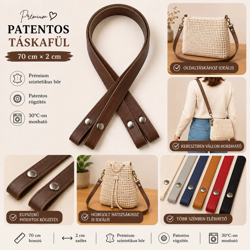 70 cm hosszú, érett barna színű patentos táskafül
