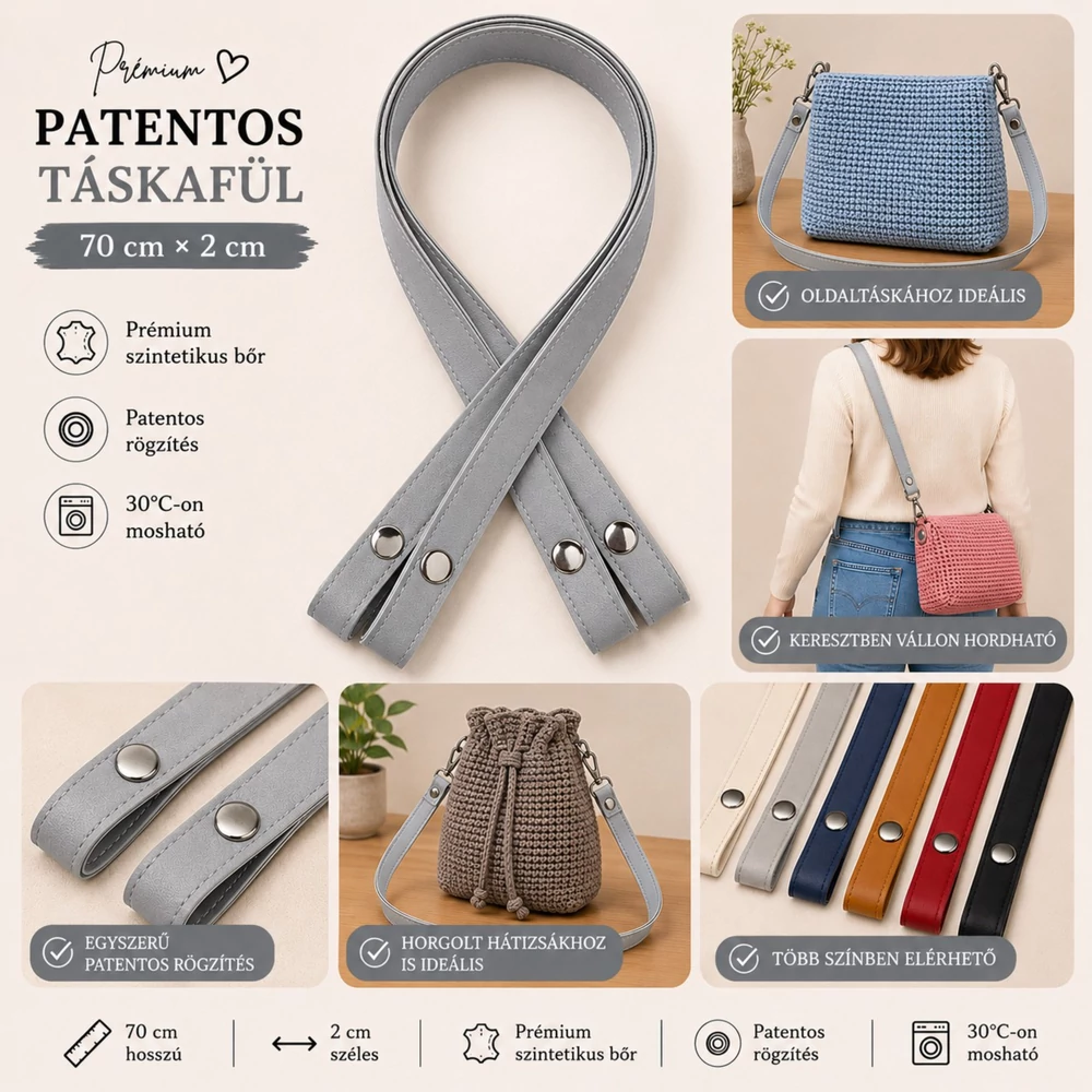 70 cm hosszú, Galamb szürke patentos táskafül