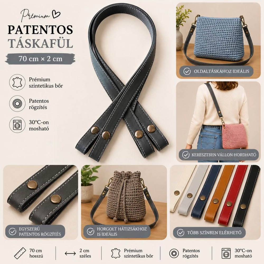 70 cm hosszú, Sötét szürke patentos táskafül