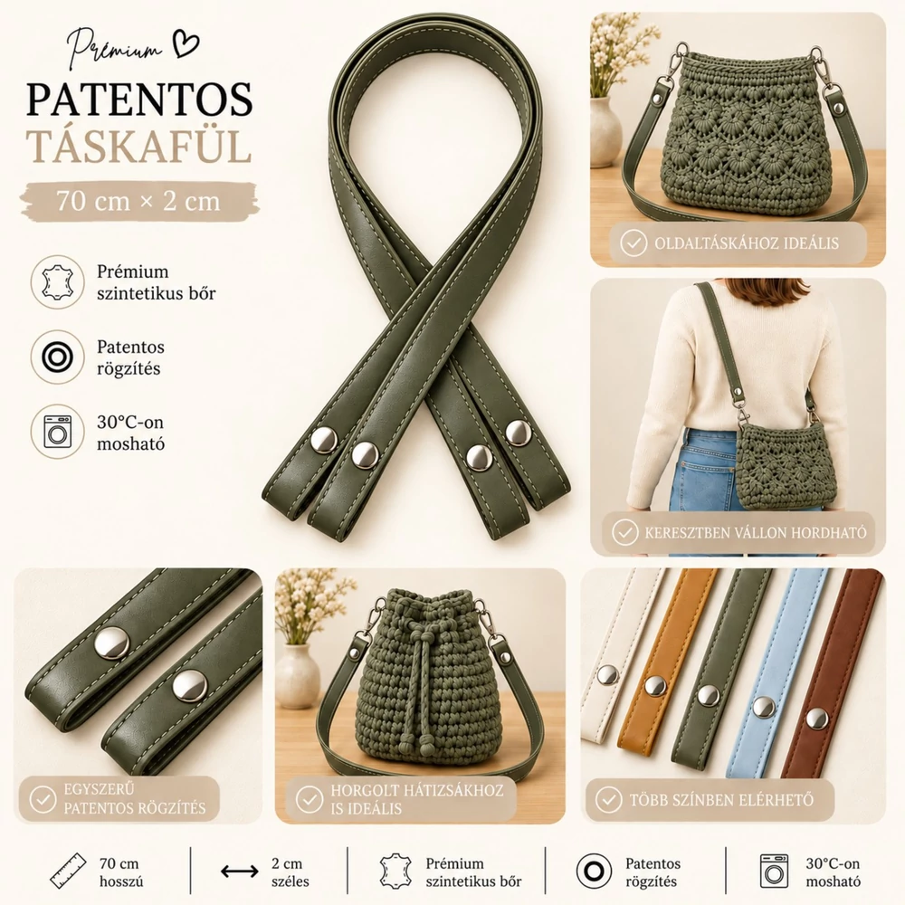 70 cm hosszú, Olívazöld színű patentos táskafül