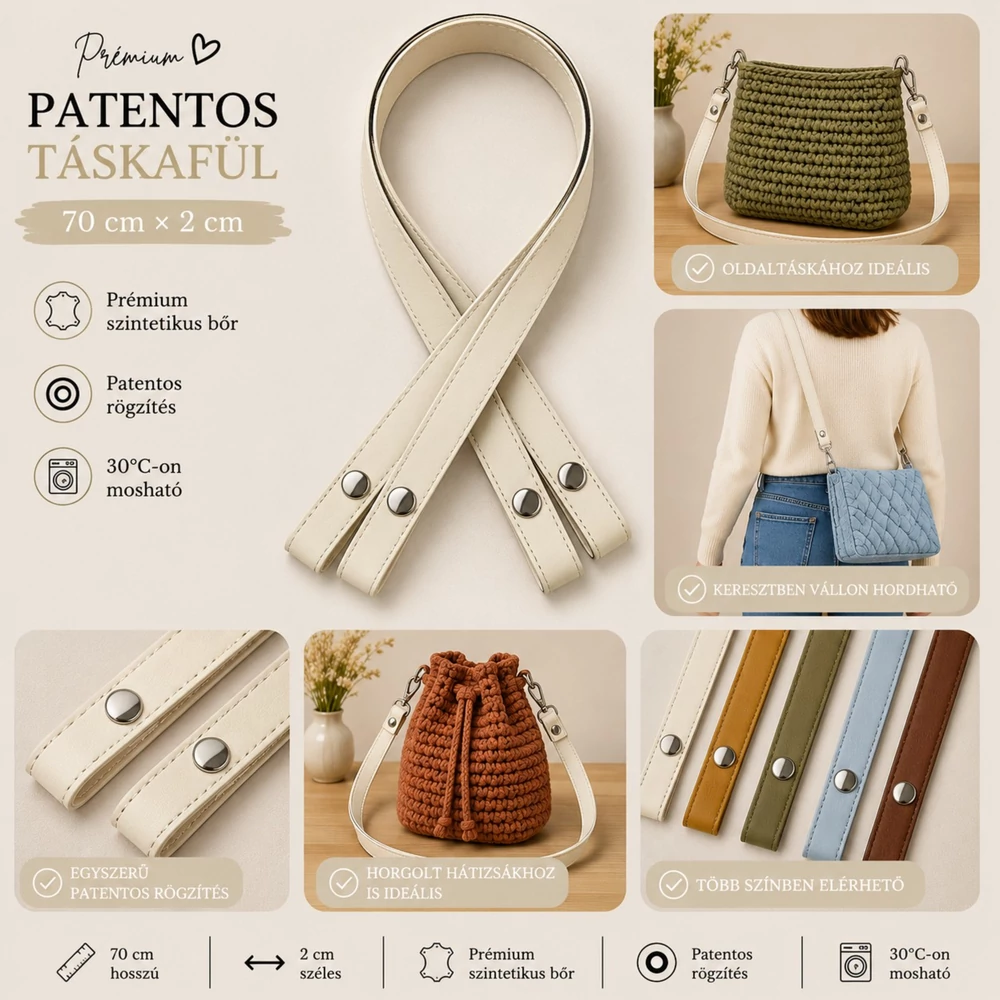 70 cm hosszú, Krém patentos táskafül