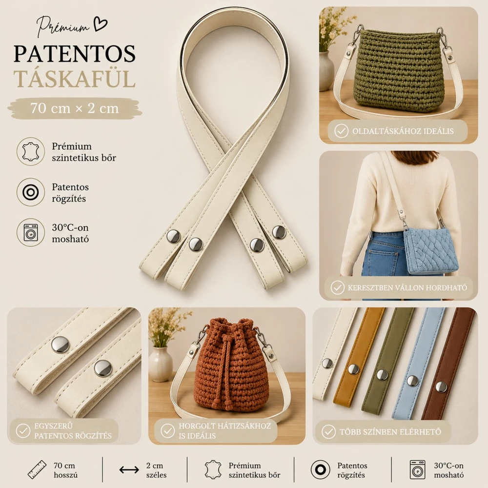 70 cm hosszú, Krém patentos táskafül