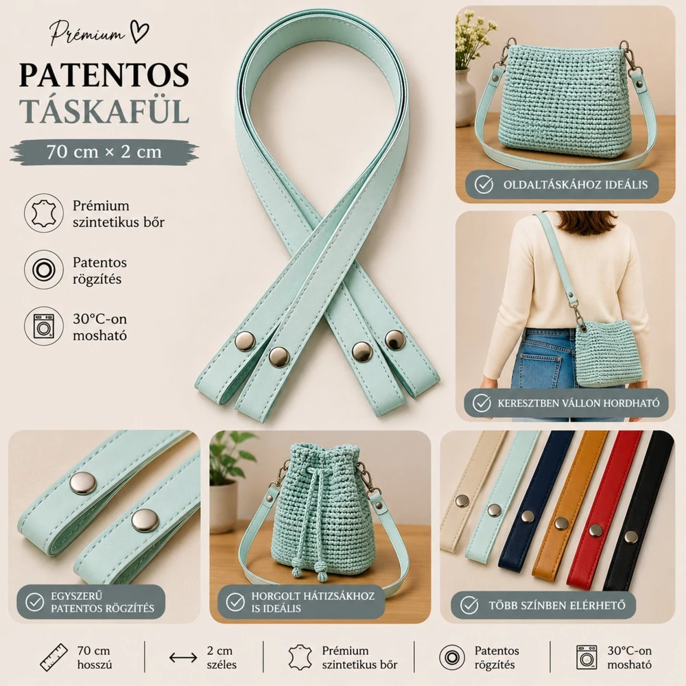 70 cm hosszú, Menta zöld patentos táskafül