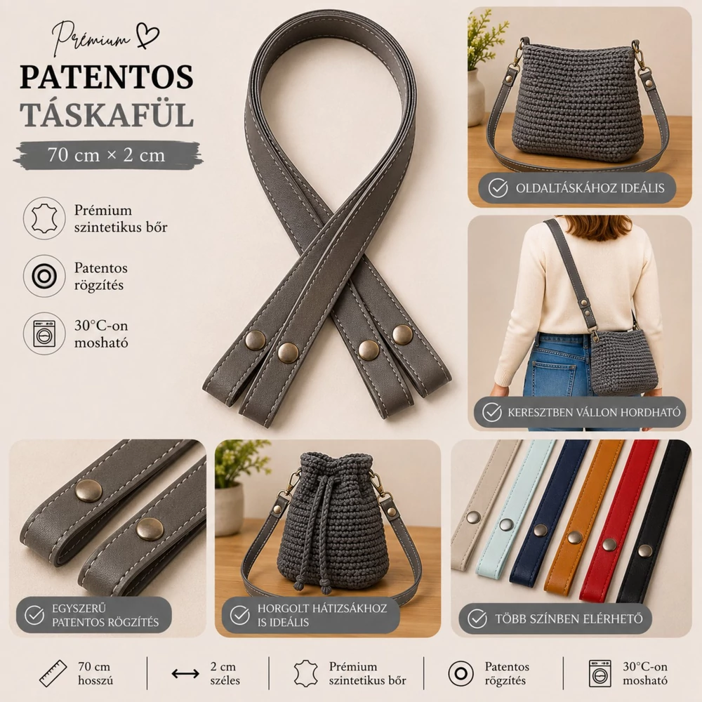 70 cm hosszú, ezüst patentos táskafül