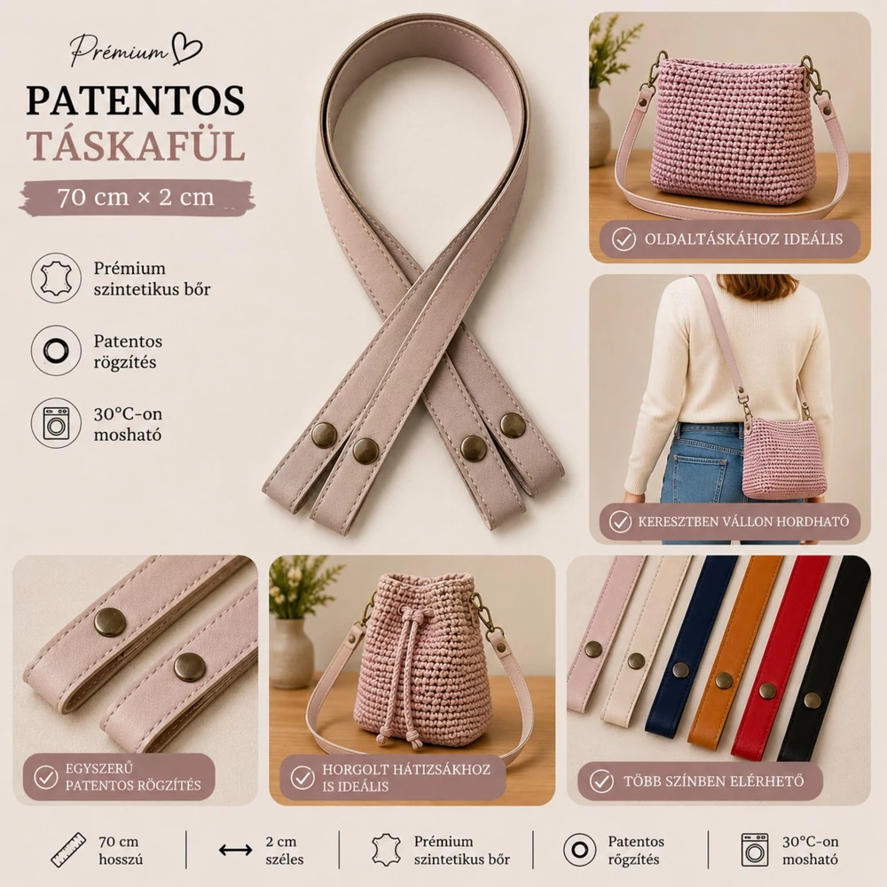 70 cm hosszú, púder rózsaszín patentos táskafül