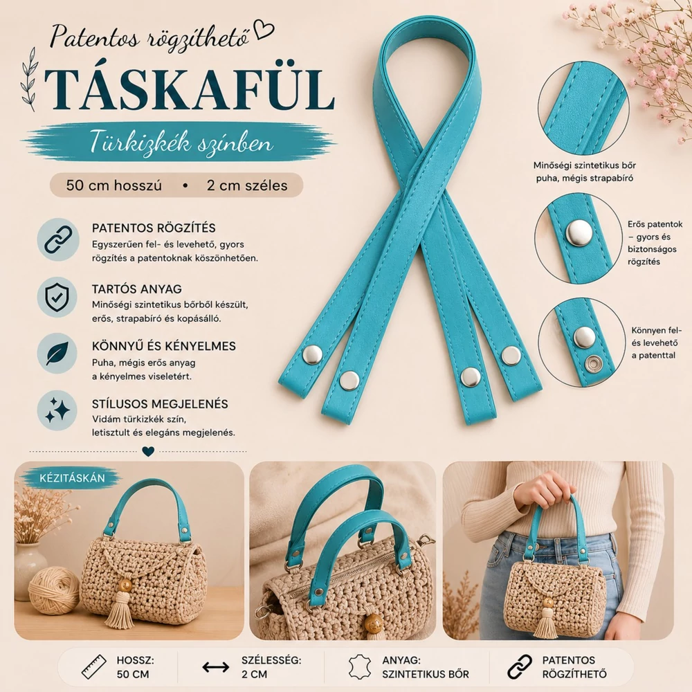 50 cm hosszú, szintetikus bőrből készült patentos táskafül - türkizkék -