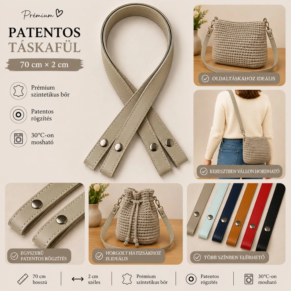 70 cm hosszú, bézs színű patentos táskafül