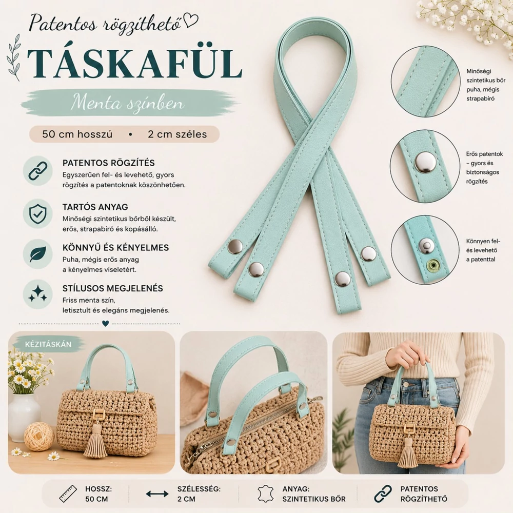 50 cm hosszú, szintetikus bőrből készült patentos táskafül - menta zöld -