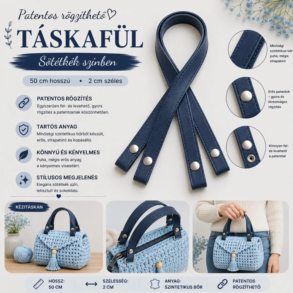 50 cm hosszú, szintetikus bőrből készült patentos táskafül - Sötétkék -