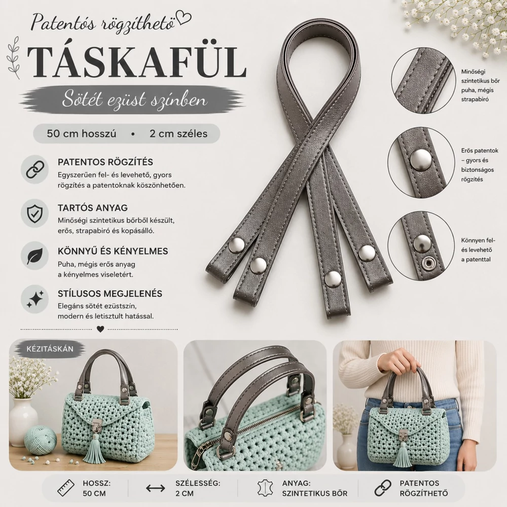 50 cm hosszú, szintetikus bőrből készült patentos táskafül - ezüst -
