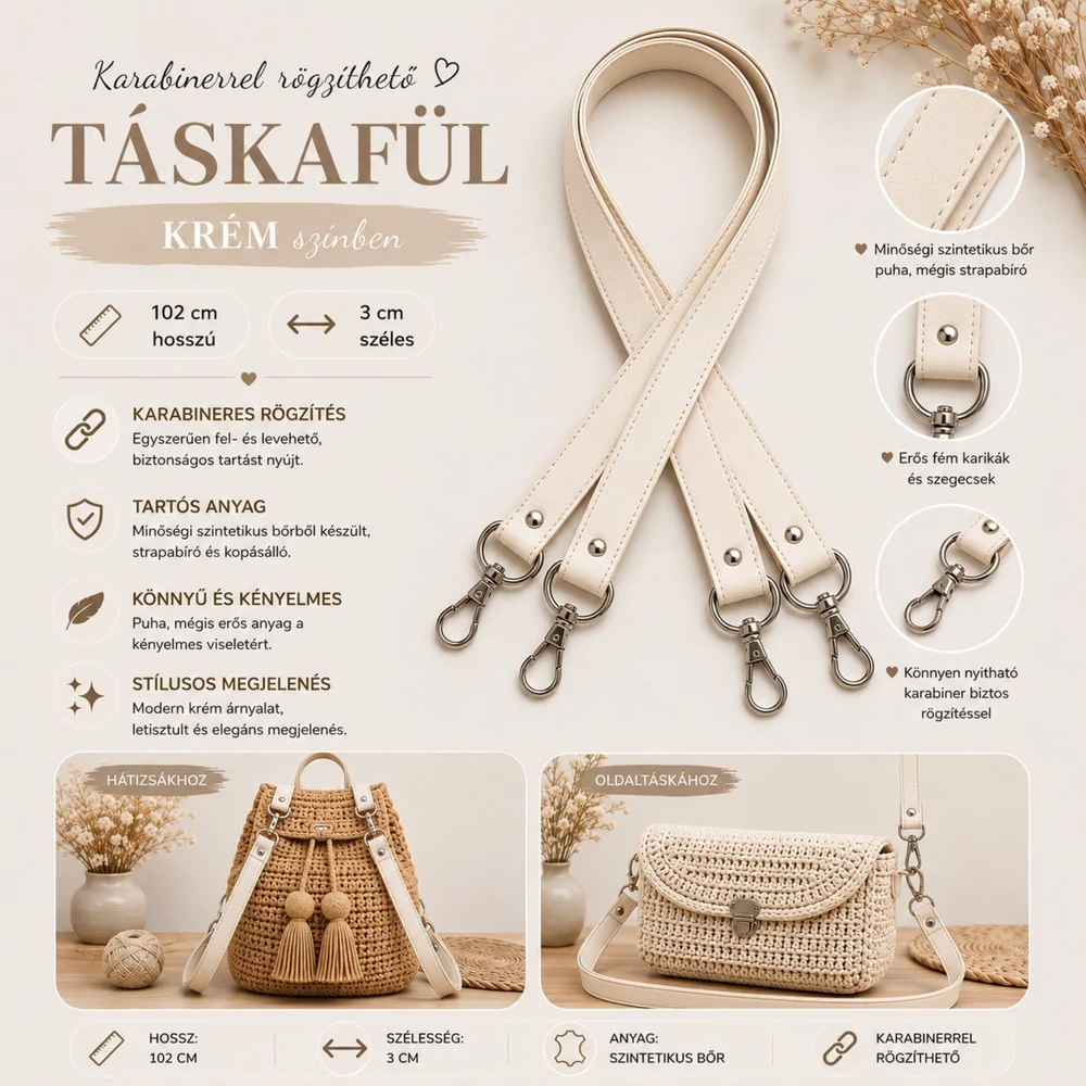 102 cm táskafül - krém -