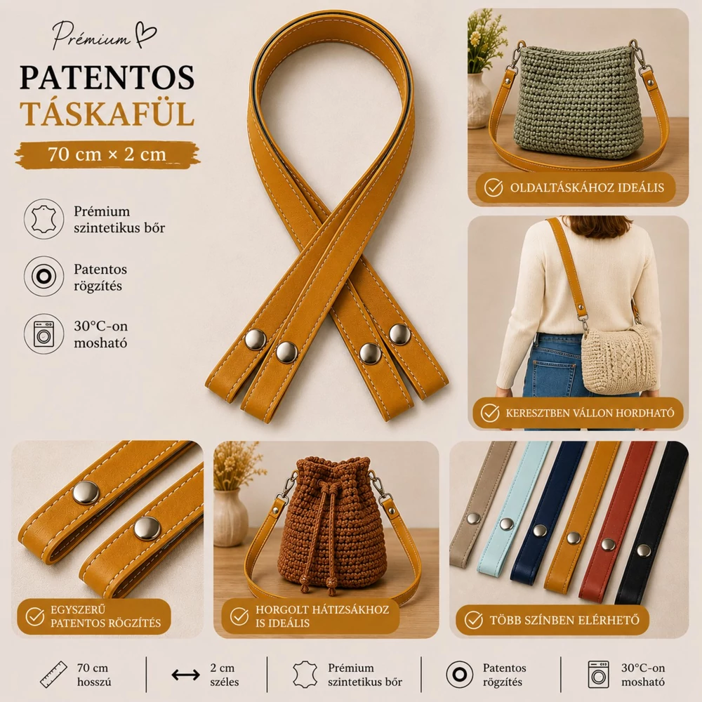 70 cm hosszú, mustár színű patentos táskafül