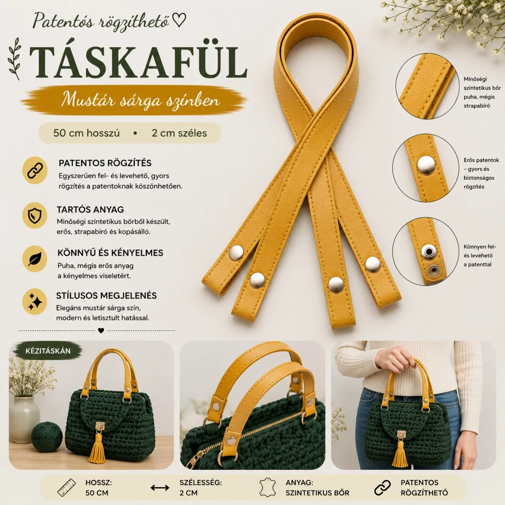 50 cm szintetikus bőrből patentos táskafül, mustár sárga