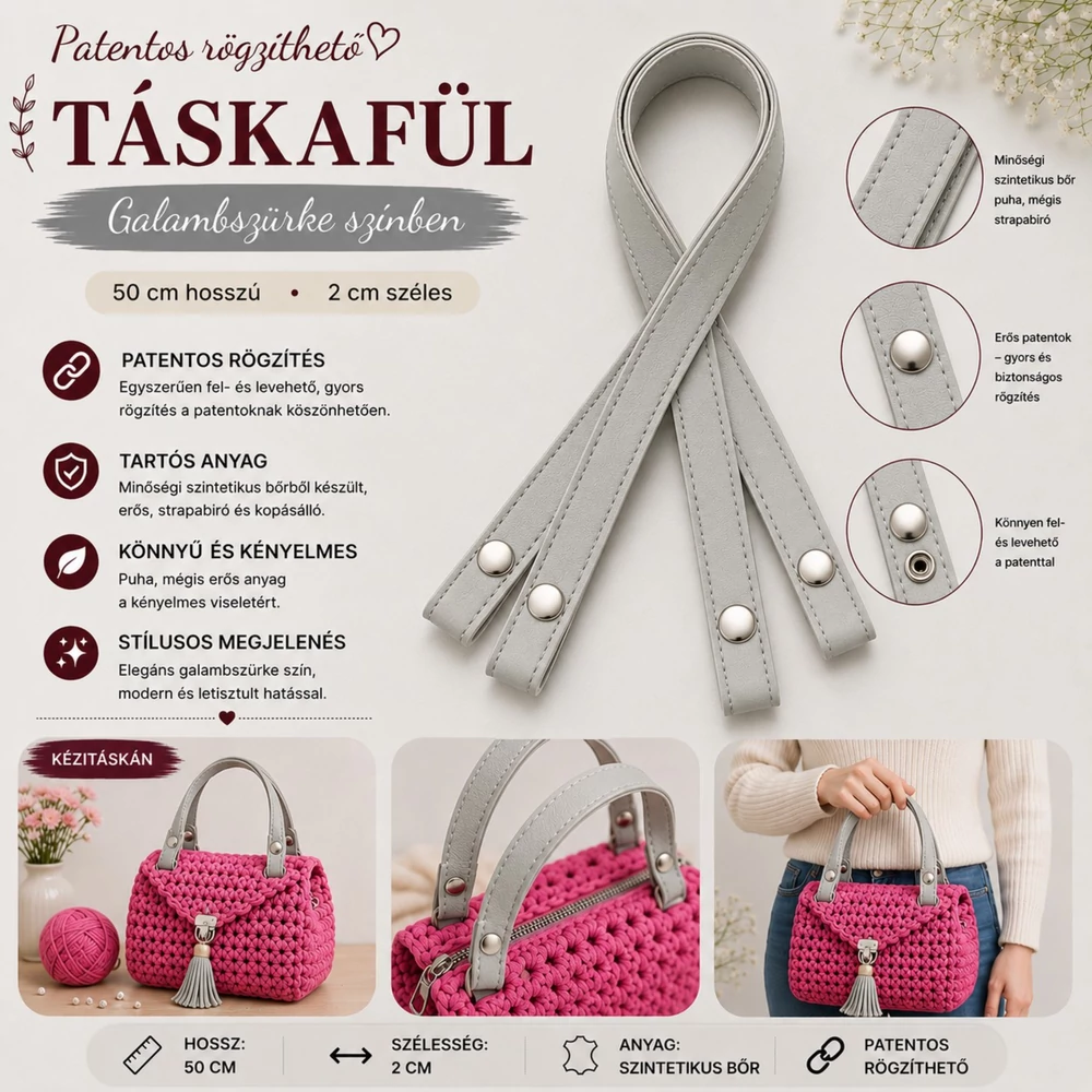 50 cm szintetikus bőrből pantetos táskafül, galamb szürke -