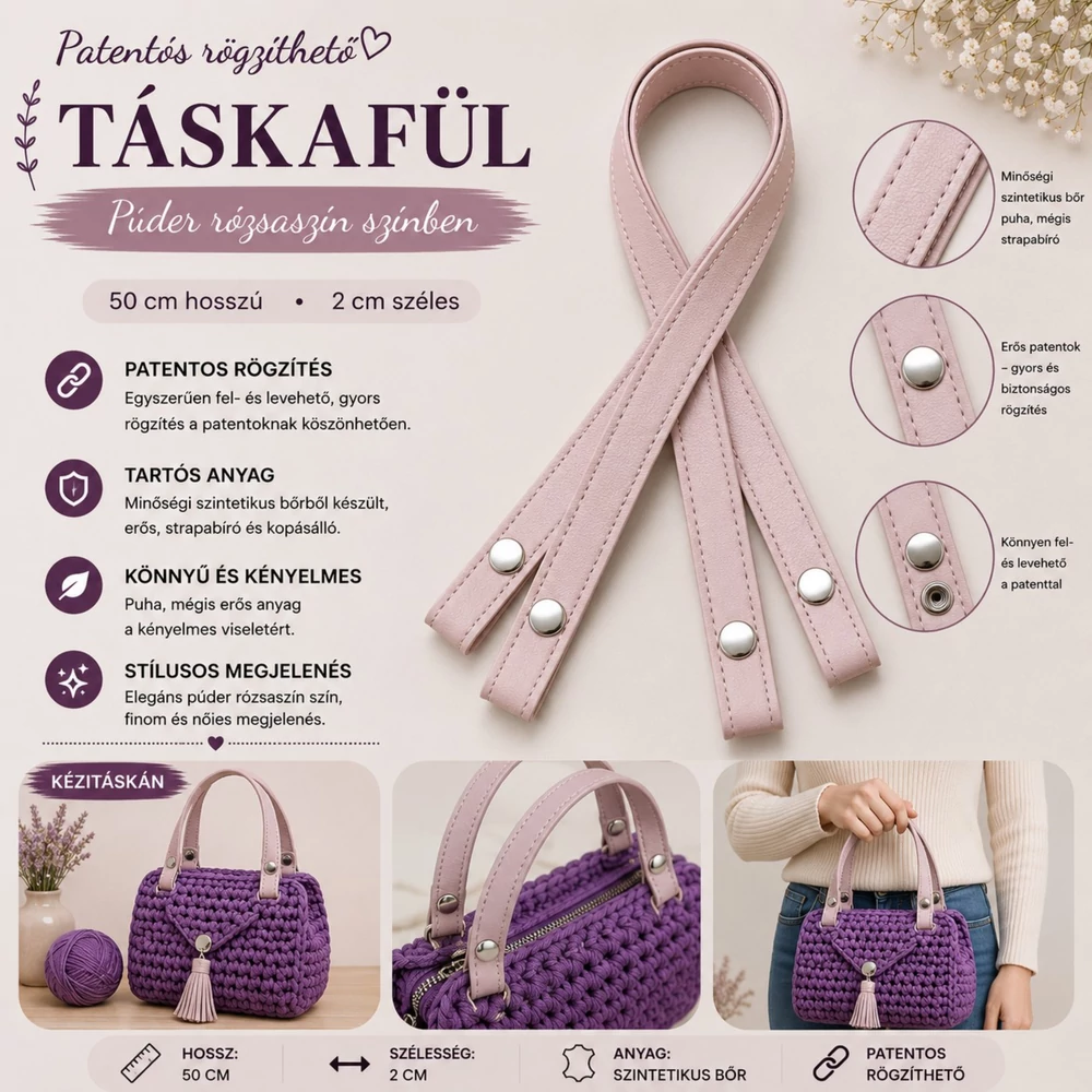50 cm hosszú, szintetikus bőrből készült patentos táskafül - Púder rózsaszín -  -