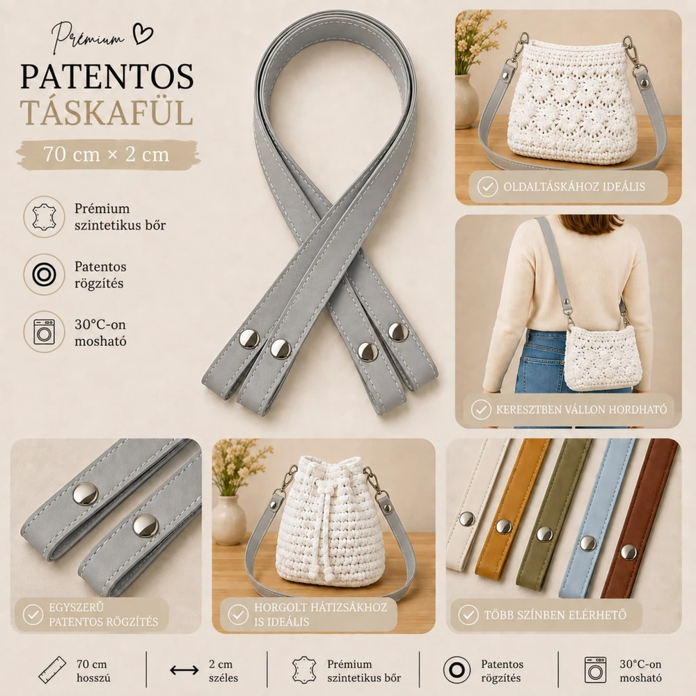 70 cm hosszú, Manhattan szürke patentos táskafül