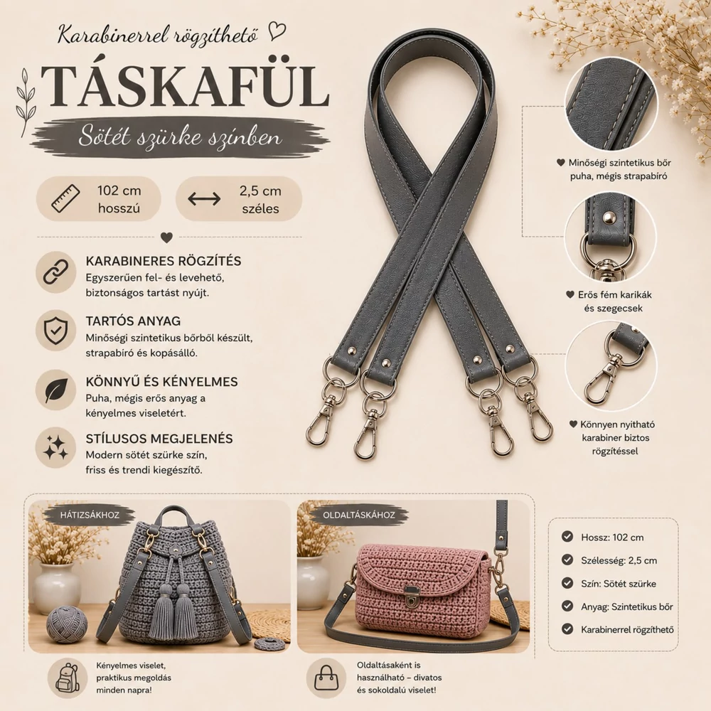 102 cm táskafül - sötétszürke -