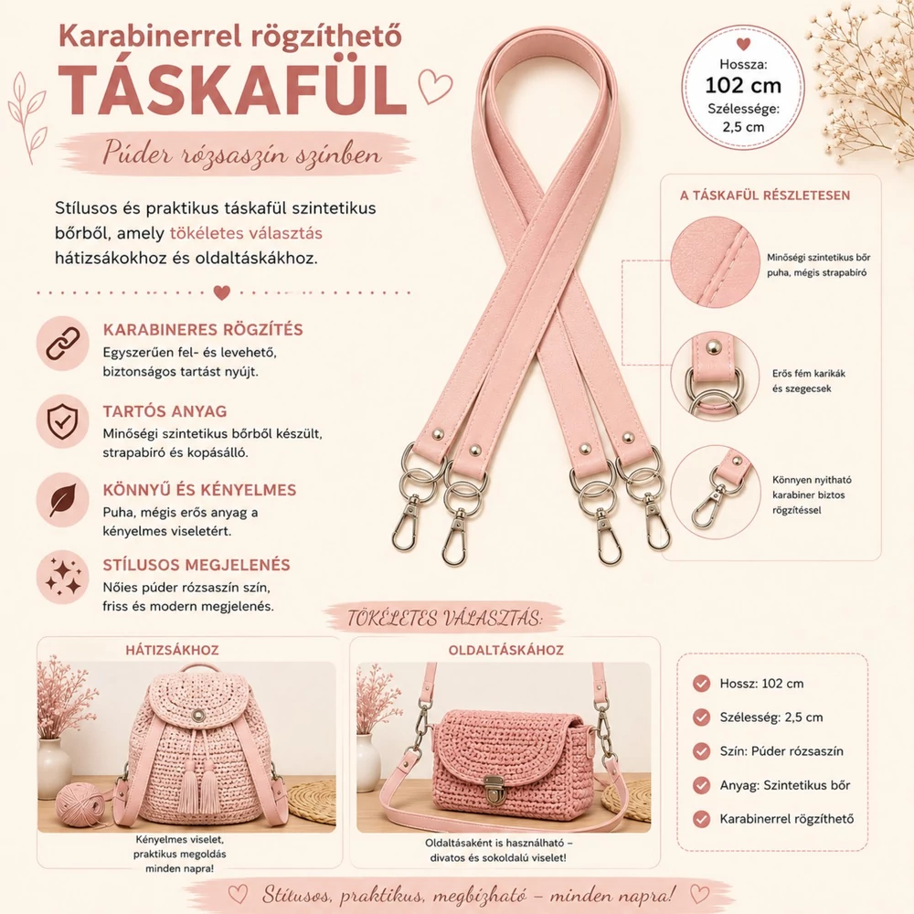 102 cm táskafül - púder rózsaszín -
