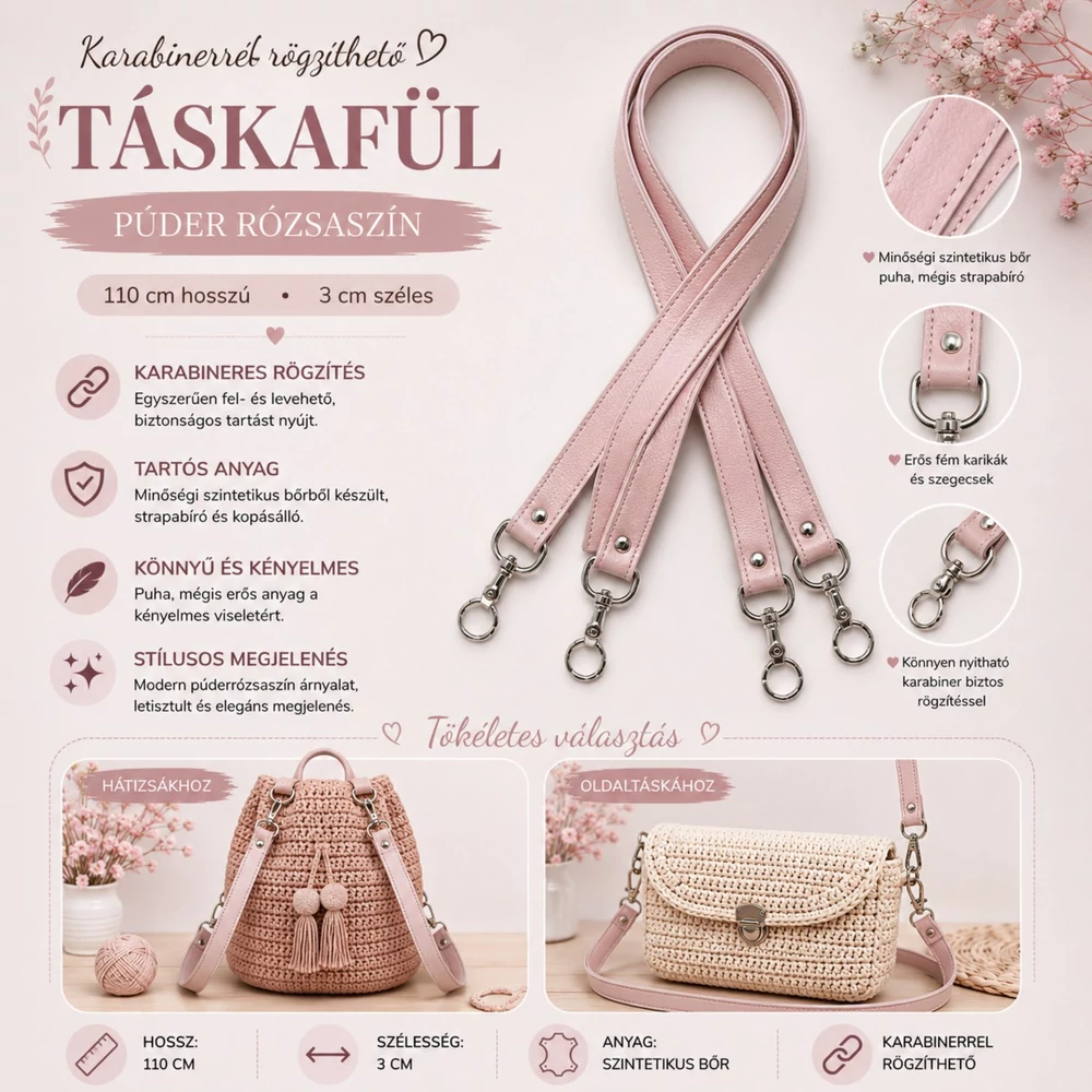 102 cm táskafül - púder rózsaszín -