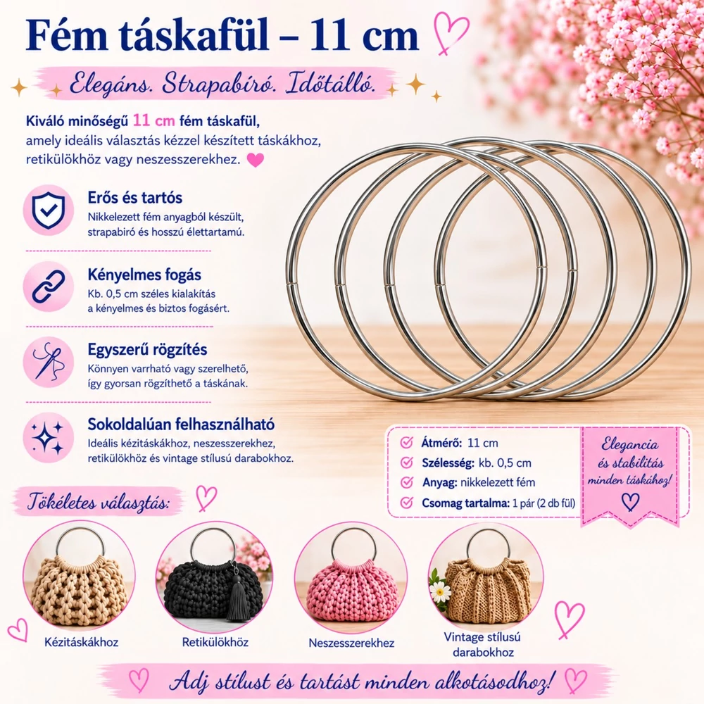 11 cm ezüst fém táskafül ( 1 pár )