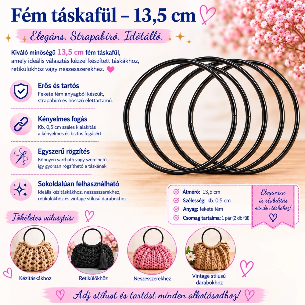 13,5 cm fekete fém táskafül ( 1 pár )