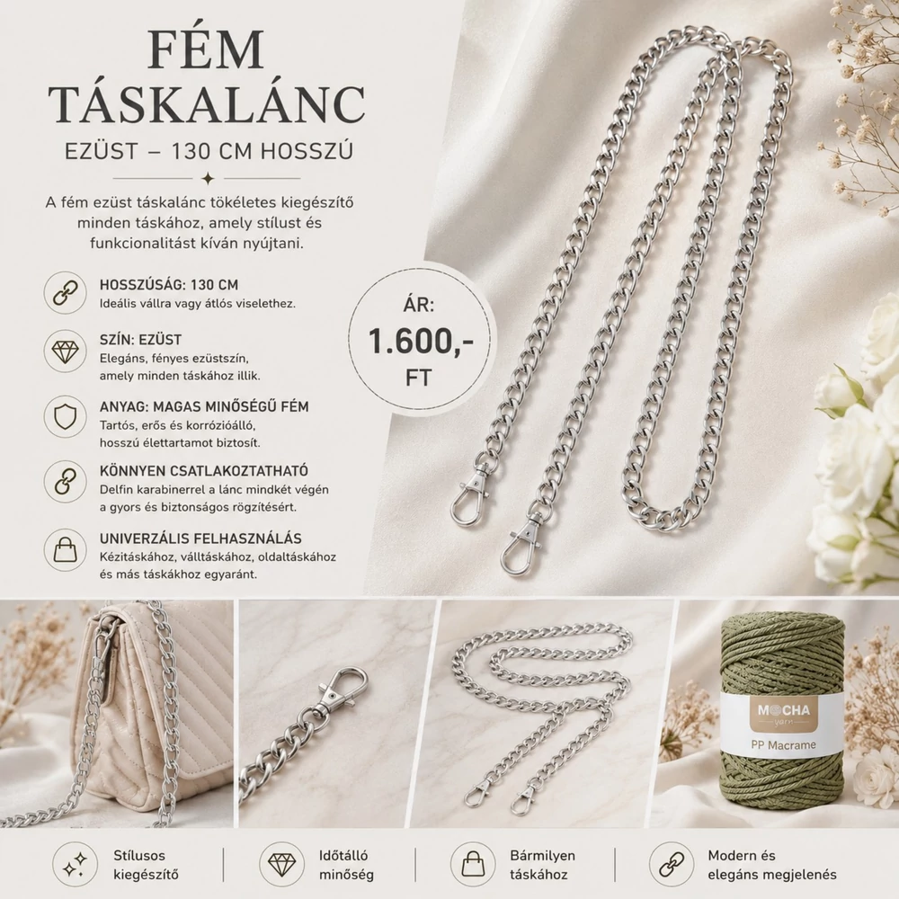 Fém táskalánc - ezüst - 130 cm hosszú