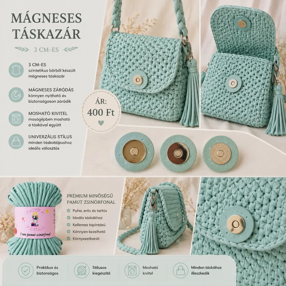 Mágneses patentos táskazár - menta zöld -