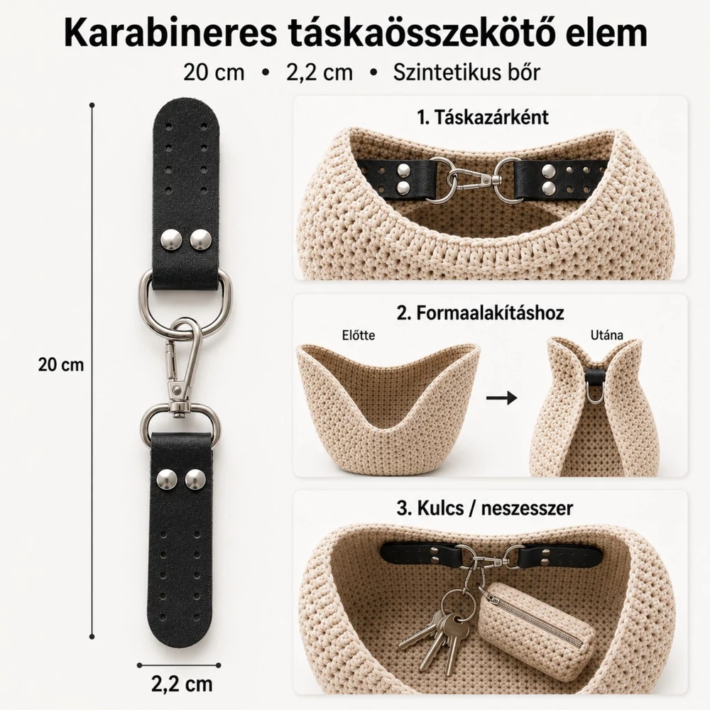 Táskazár karabinerrel és félkarikával - varrható - fekete