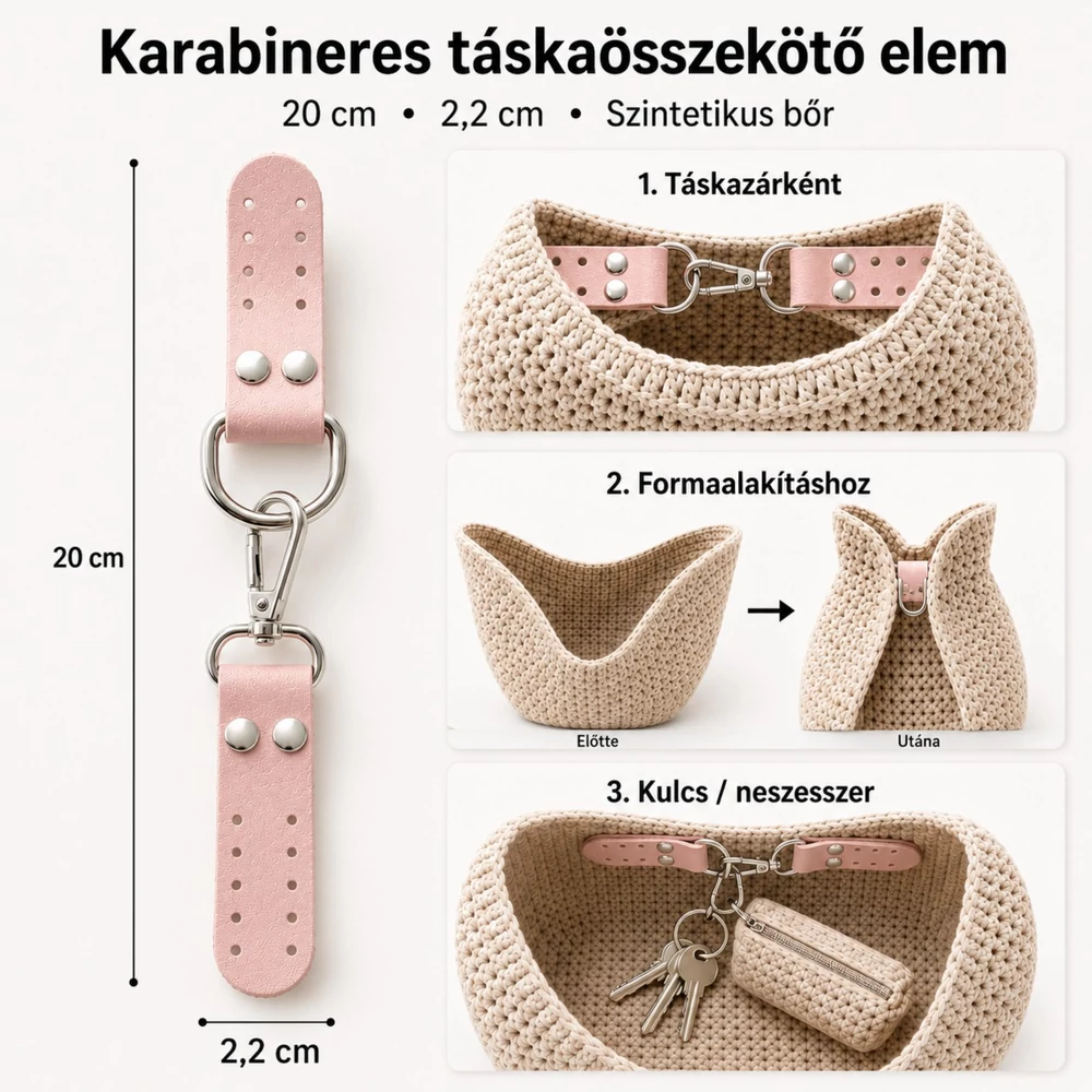 Táskazár karabinerrel és félkarikával - varrható - púder rózsaszín