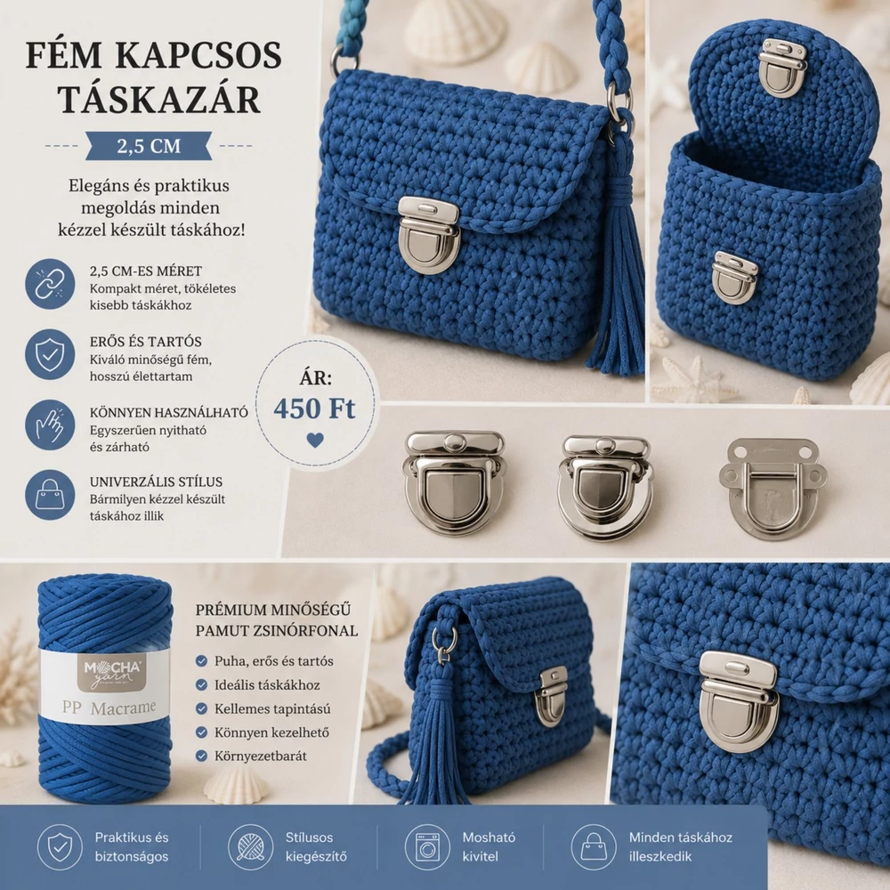 Fém, ezüst kapcsos táskazár 2,5 cm