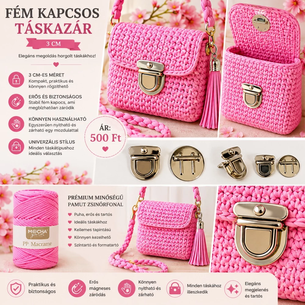 Fém, ezüst kapcsos táskazár 3 cm