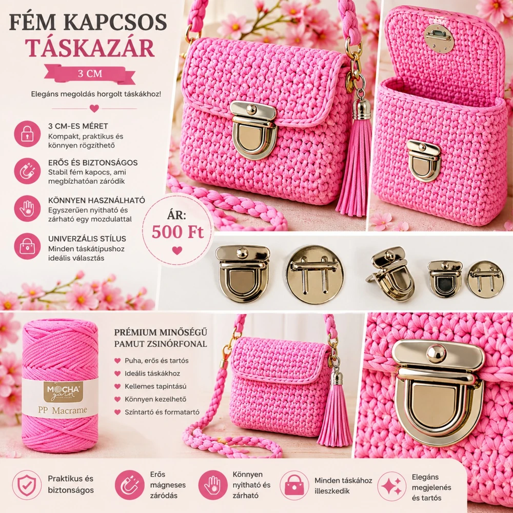 Fém, ezüst kapcsos táskazár 3 cm