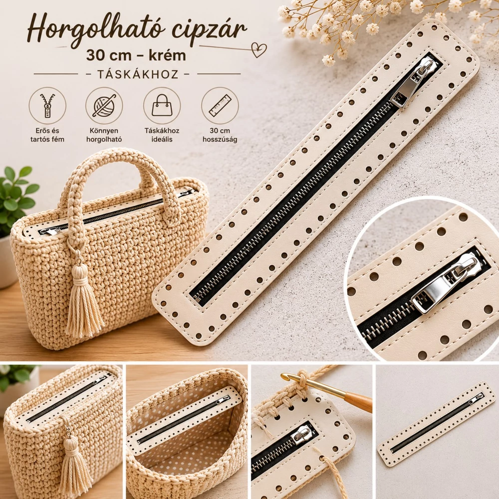 30 cm hosszú, 5 cm széles cipzár - krém -  színben -