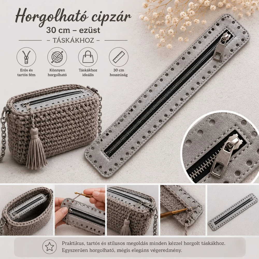 30 cm hosszú, 5 cm széles cipzár - ezüst -  színben -