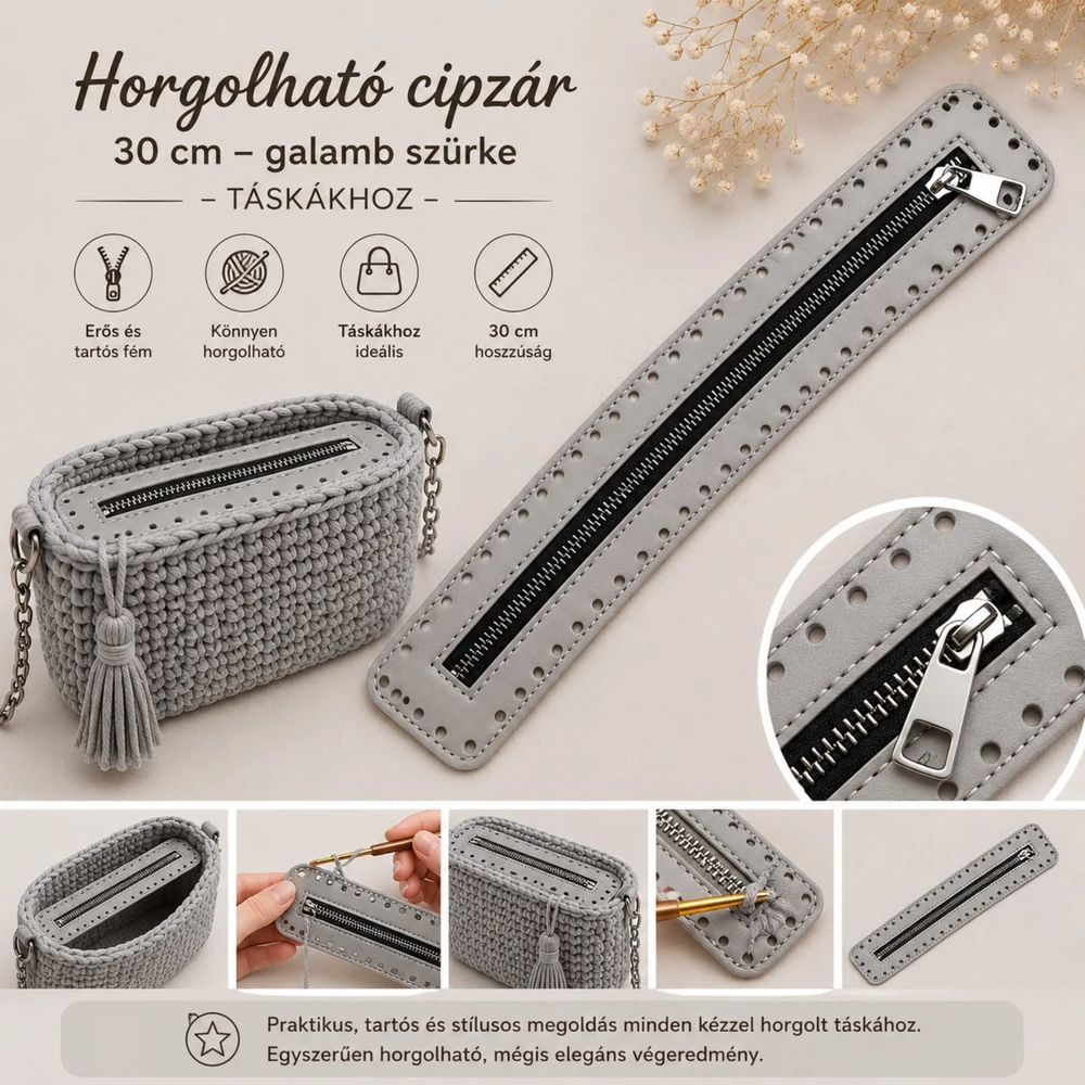 30 cm hosszú, 5 cm széles cipzár - galamb szürke - színben -