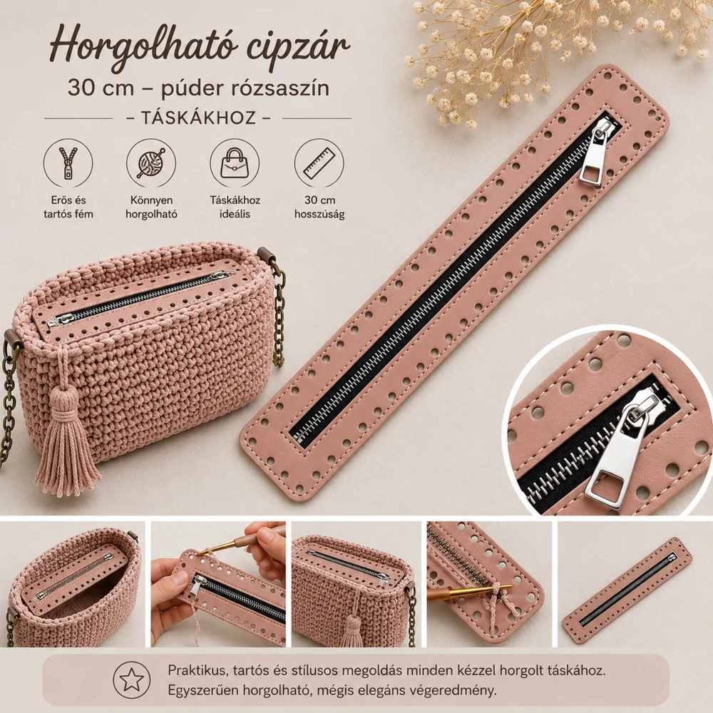 30 cm hosszú, 5 cm széles cipzár - púder rózsaszín - színben -