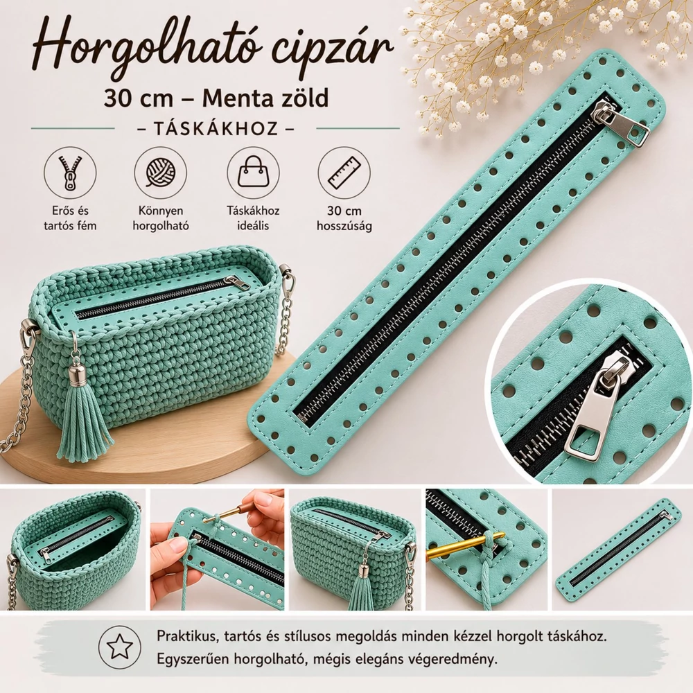 30 cm hosszú, 5 cm széles cipzár - menta zöld - színben -