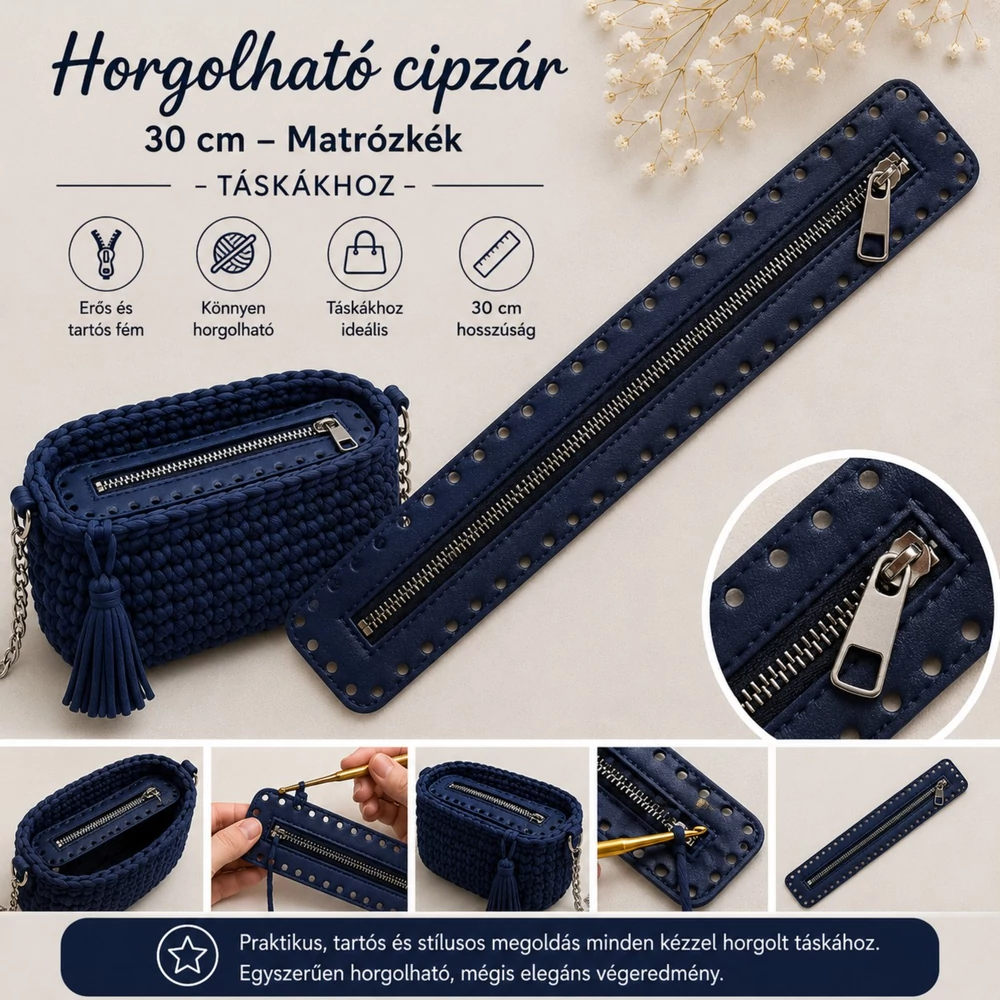 30 cm hosszú, 5 cm széles cipzár - matróz kék - színben -