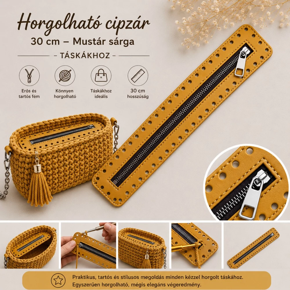 30 cm hosszú, 5 cm széles cipzár - mustár sárga -  színben -