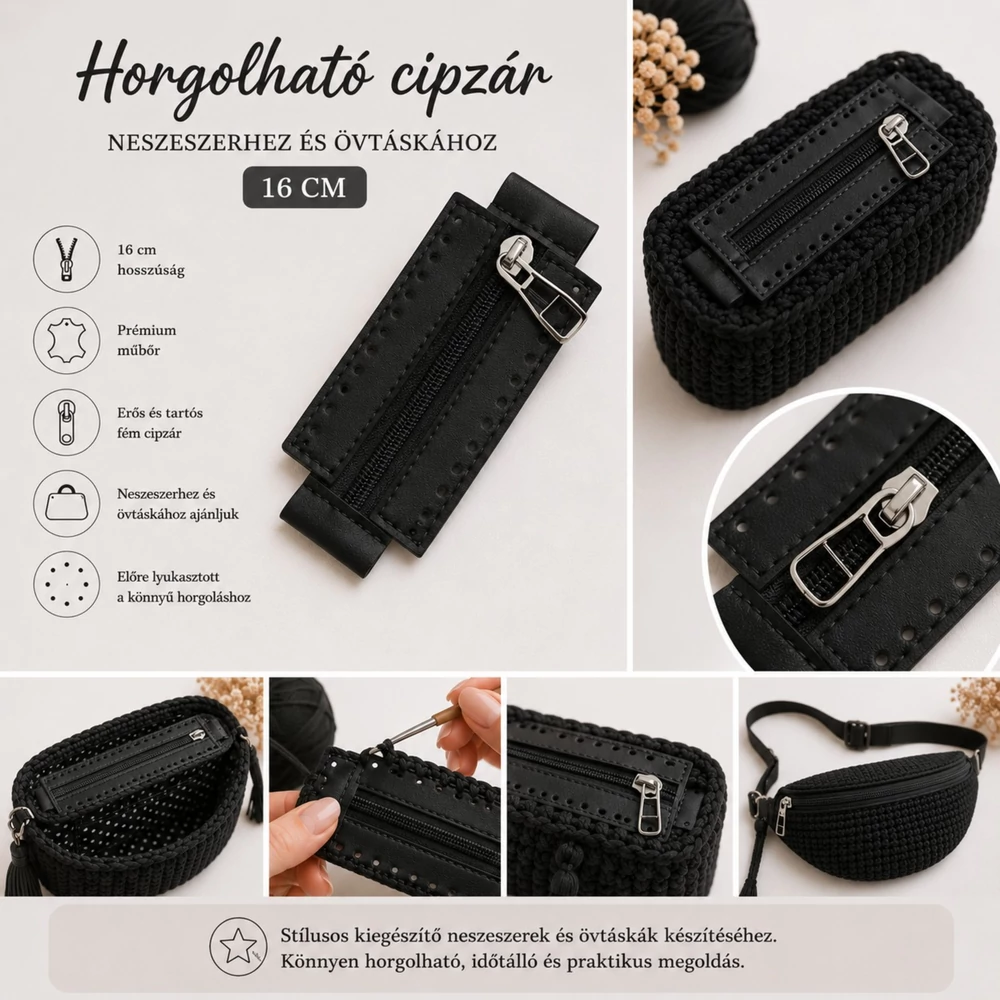16 cm hosszú cipzár - fekete -